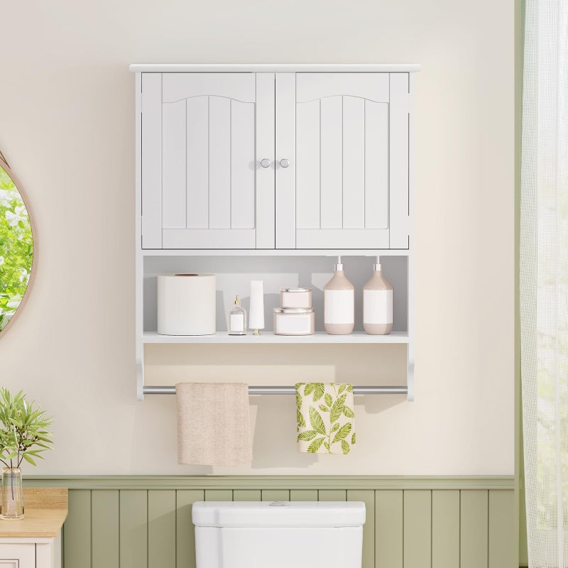 Iwell Bathroom Wall Cabinet, Over The Toilet Storage Cabinet with Towel Rack & Adjustable Shelf, Medicine Cabinet for Bathroom, White - Image 2