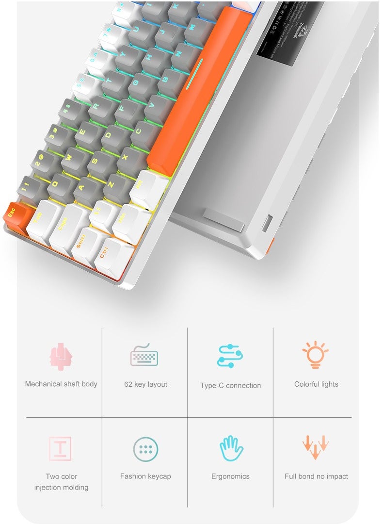T-WOLF - 62 Keys Colorful Lights Switch Mechanical Gaming Keyboard 75% Mini Wired Waterproof Backlit Silent White RGB Color Suitable for PC/Ps4/Xbox Gamers - Image 1