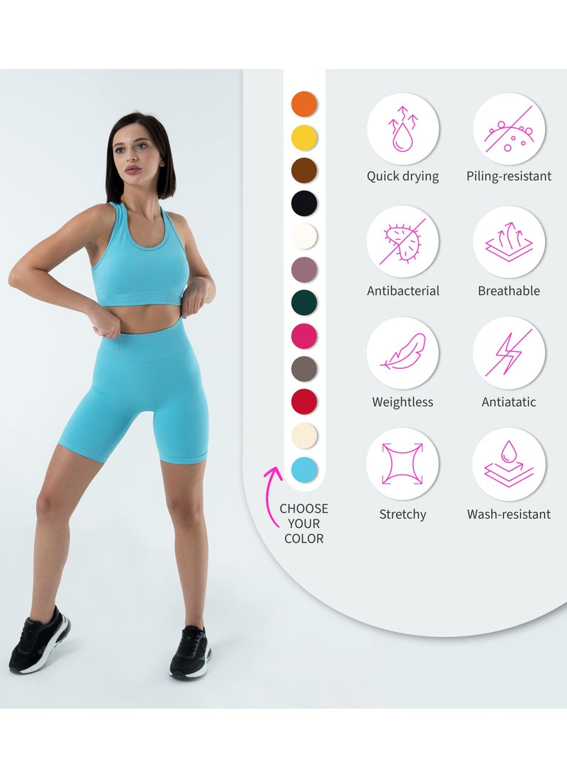 Bernessi Turkiye Nylon Women High Waisted Biker Shorts Sport Legging Shorts Workout Cycling Athletic Running Yoga Gym Volleyball for Ladies with Tummy Control Light Blue  - Image 5