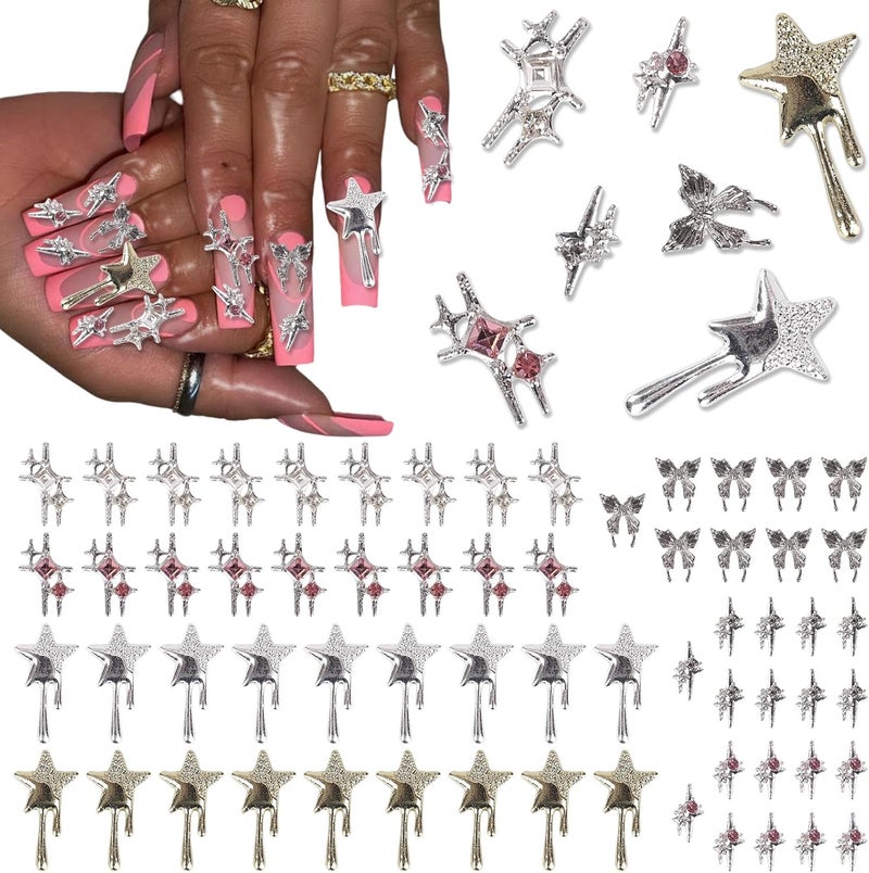 KYLELOVE 70 PCS Y2K Srar Nail Charms Bulk Alloy Nail Art Gems 3D Rhinestones Star Butterfly Gold Silver Nail Charms Set Shiny Jewelry Nail Decoration - Image 1
