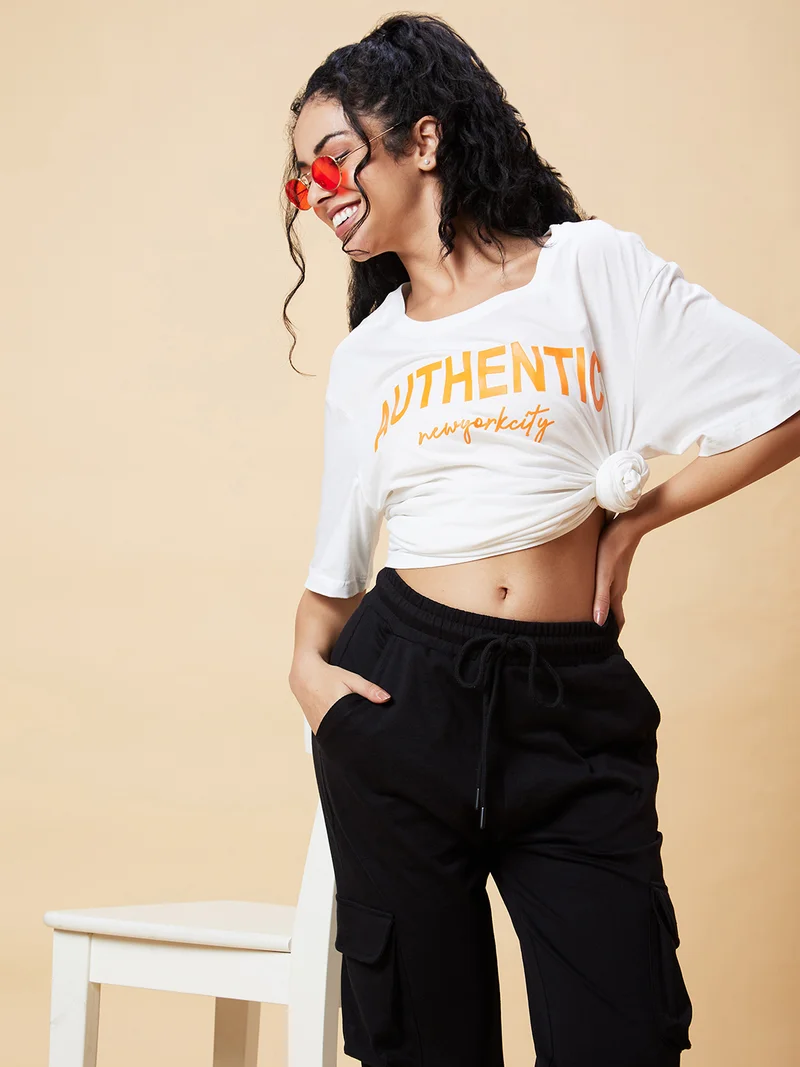 Women White Typography Printed Pure Cotton Oversized T-Shirt