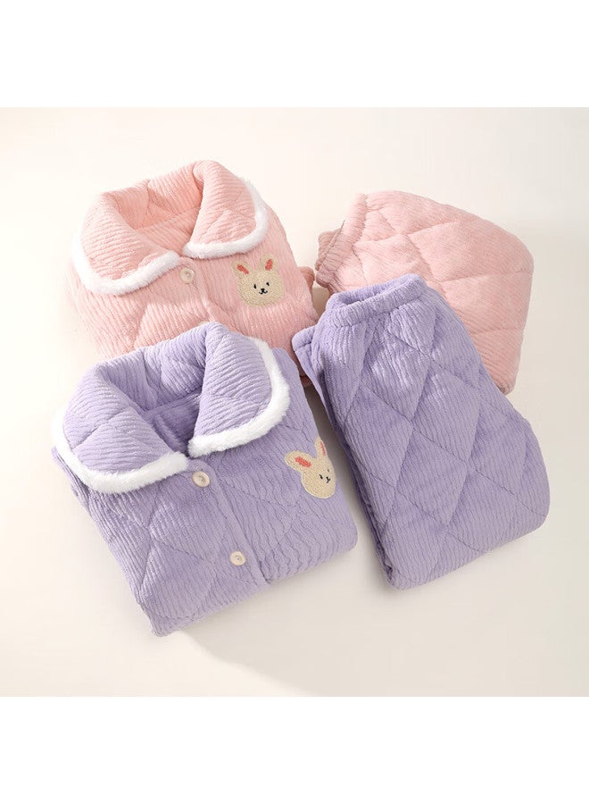 Purple Floral Language Autumn Winter Girls Cartoon Pajamas Teen Homewear Warm Purple 140 - Image 1