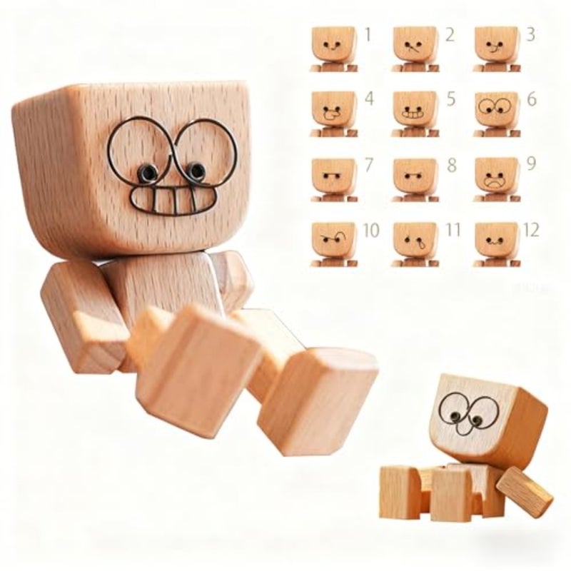 Shaking Wooden Man Figurine with 12 Magnetic Changeable Faces - Handmade Shaking Feet Wooden Doll, Fun Car Decor for Dashboard and Interior, Car Dashboard Decorations - Image 1