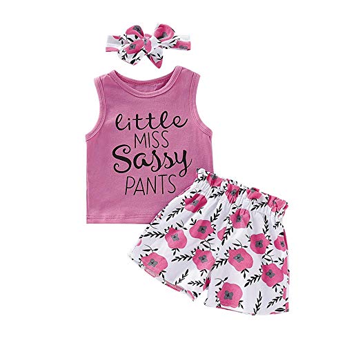 Hipea Toddler Girl Clothes Flower Tops Sleeveless Vest Shorts Headband Summer Clothes Set(6-7T) - Image 1