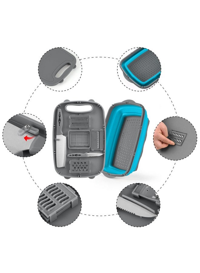 Gintan Camping Cutting Board, 9-in-1 Collapsible Chopping Board with Colander, Gifts for Campers Happy Camper,Camping Accessories for RV Campers(Blue+Grey) - Image 5