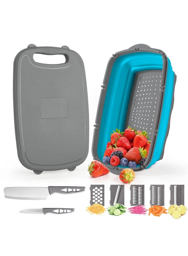 Gintan Camping Cutting Board, 9-in-1 Collapsible Chopping Board with Colander, Gifts for Campers Happy Camper,Camping Accessories for RV Campers(Blue+Grey) - Image 1