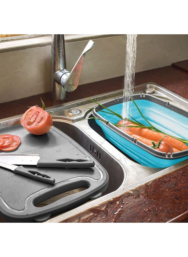 Gintan Camping Cutting Board, 9-in-1 Collapsible Chopping Board with Colander, Gifts for Campers Happy Camper,Camping Accessories for RV Campers(Blue+Grey) - Image 3