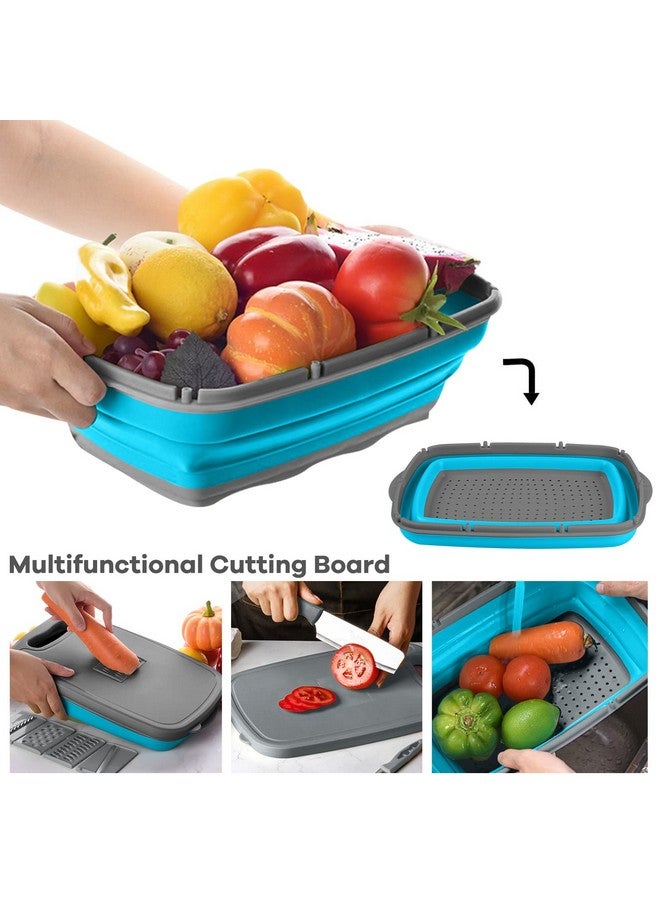 Gintan Camping Cutting Board, 9-in-1 Collapsible Chopping Board with Colander, Gifts for Campers Happy Camper,Camping Accessories for RV Campers(Blue+Grey) - Image 4