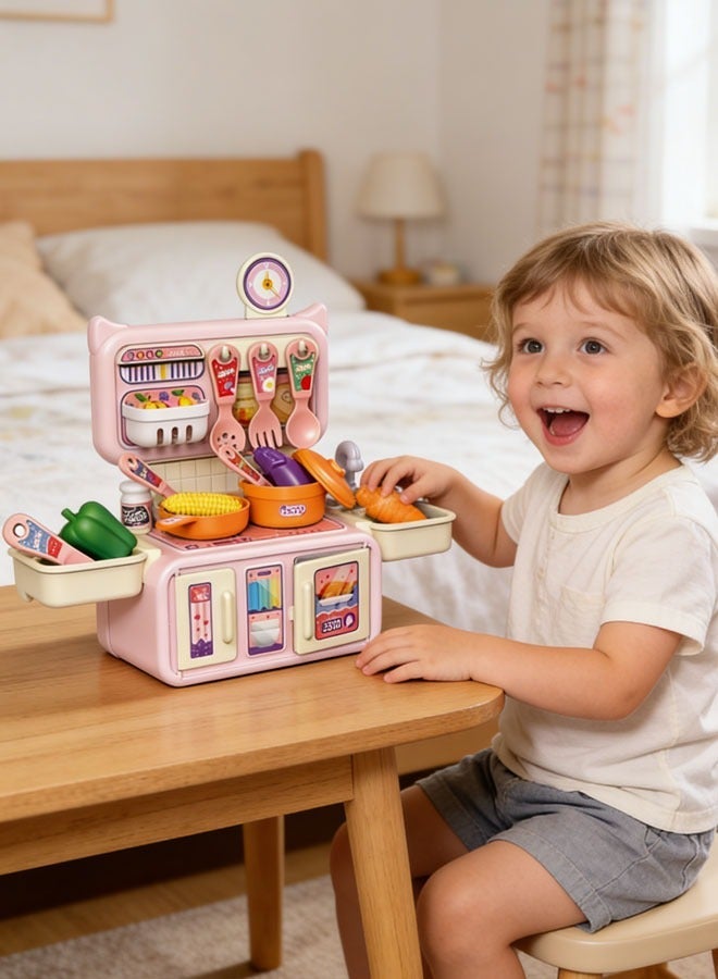 مجموعة ألعاب المطبخ التخيلي، مجموعة ألعاب مطبخ للأطفال، أدوات طبخ للعب الأدوار، ألعاب تركيب يدوية داخلية، 14 قطعة من إكسسوارات المطبخ، إكسسوارات فواكه وخضراوات للأولاد والبنات والأطفال، لون وردي - Image 3