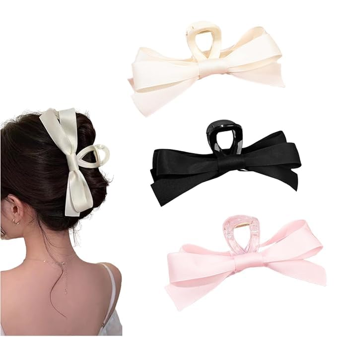 FAMEZA 3Pcs Bow Hair Claw Clip|Bows Hair Claws Barrette| Bowknot Hair Claw Clips Barrettes Nonslip Claws Clamps Hair Clips Hair Accessories for Women Girls|THREE COLOR SET - Image 1