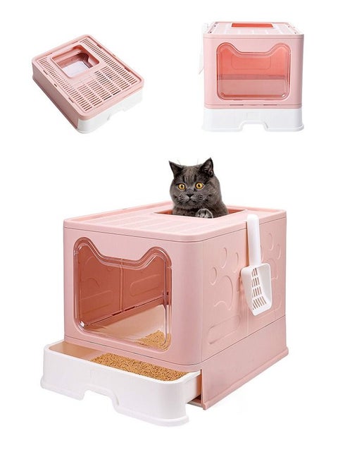 Foldable Cat Litter Box with Lid Extra Large Covered Litter Box with Cat Litter Scoop Drawer Type Enclosed Kitty Litter Box