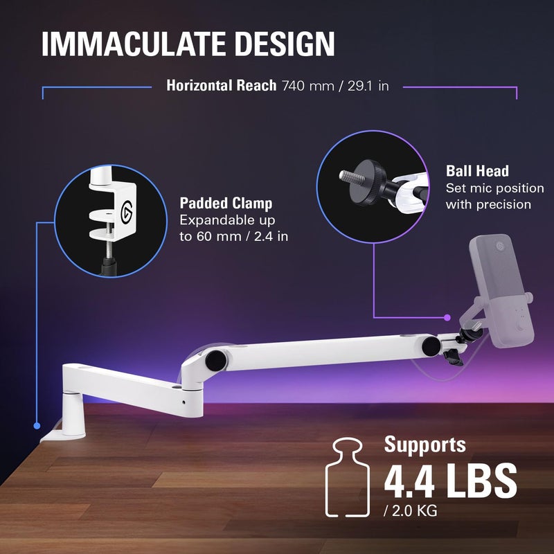 Elgato Wave Mic Arm LP White - Premium Low Profile Microphone Arm with Cable Management, Desk Clamp, Versatile Mounting and Fully Adjustable, perfect for Podcast, Streaming, Gaming, Home Office - Image 5