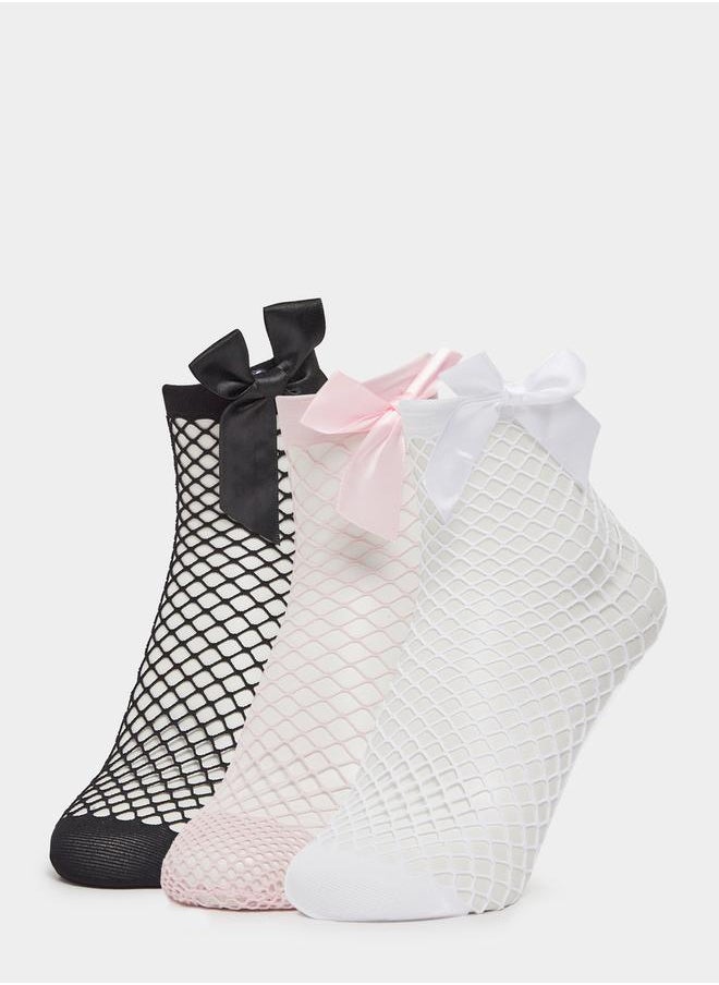 Set of 3 - Bow Detail Net Crew Socks