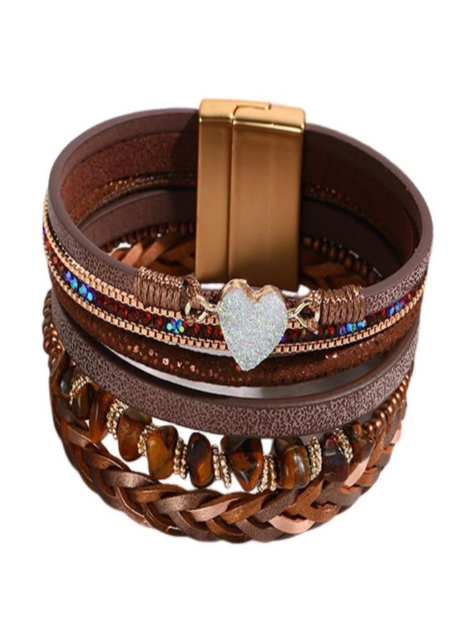 KunBead Sparkly Heart Brown Leather Wrap Bracelets for Women Handmade Braided Boho Multilayer Bracelet Wristband Cuff Bangle - Image 1