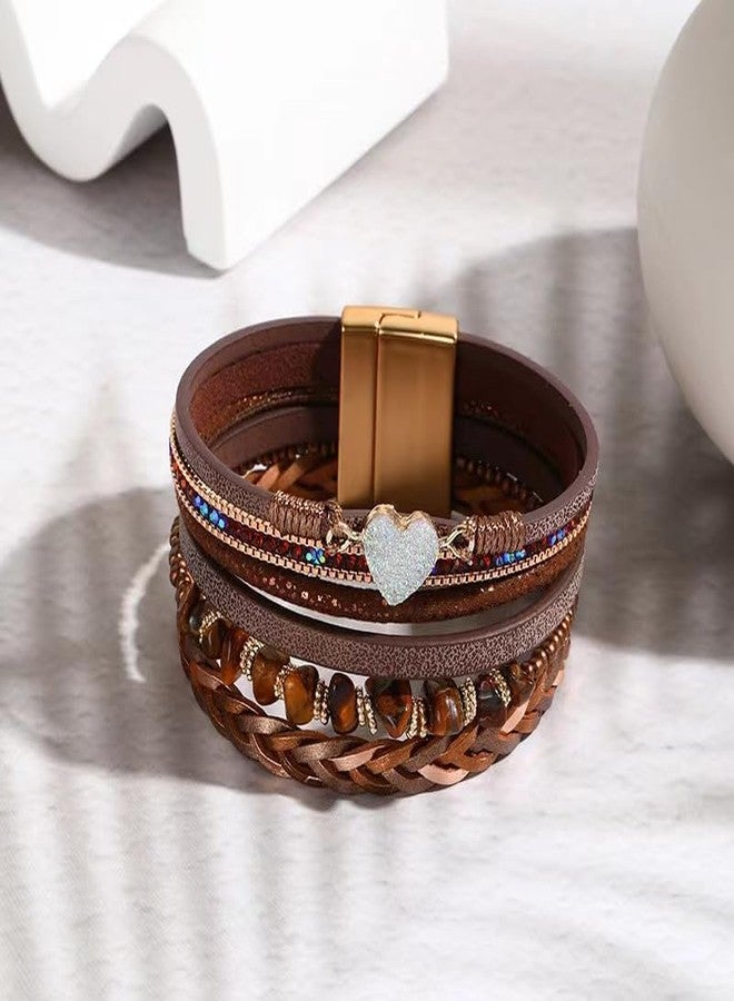 KunBead Sparkly Heart Brown Leather Wrap Bracelets for Women Handmade Braided Boho Multilayer Bracelet Wristband Cuff Bangle - Image 2