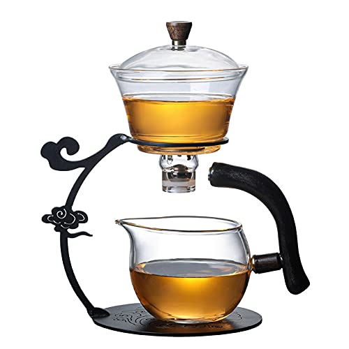 RORA Glass Teapot Set Semi Automatic Drip Rotating with Infuser Lazy Kungfu Tea pot Set Black