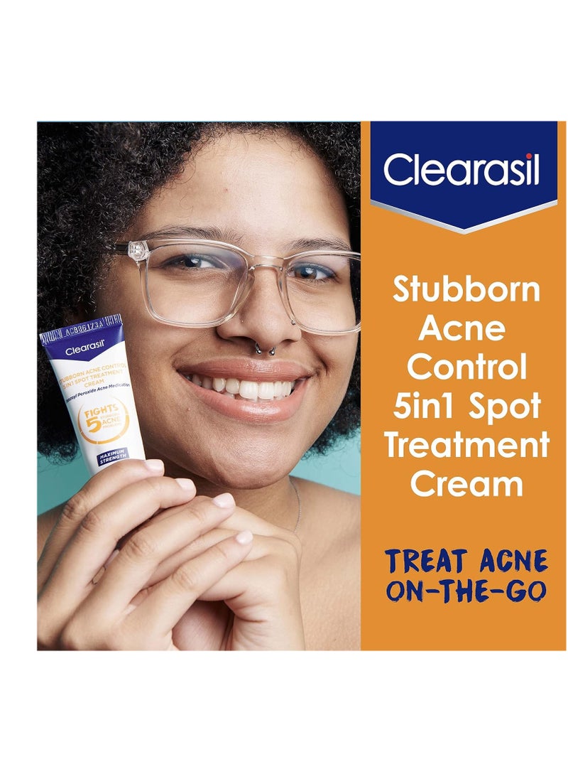 Clearasil - Clearasil Stubborn Acne Control 5in1 Spot Treatment Cream, Maximum Strenght with 10% Benzoyl Peroxide, Acne Medication, 1 oz - Image 1