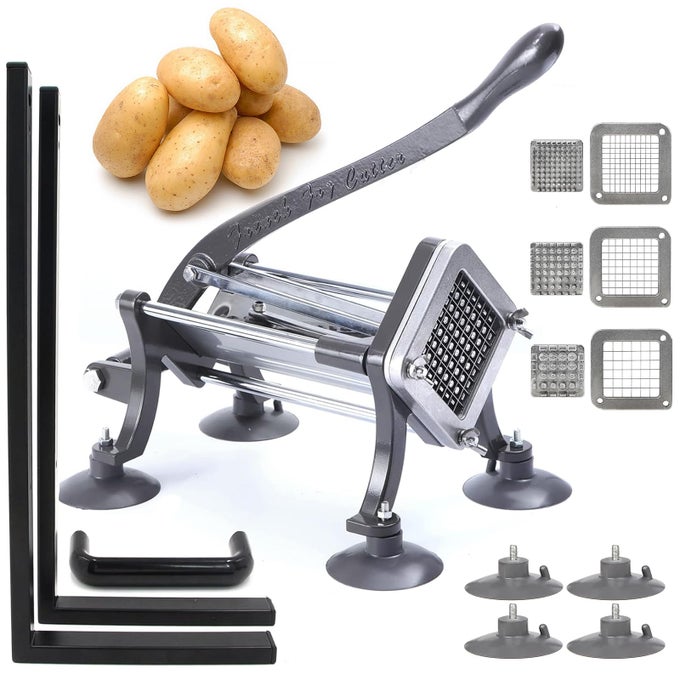 FRENCH FRY CUTTER COMMERCIAL GRADE POTATO SLICER WITH STAND SUCTION FEET COMPLETE SET INCLUDES 14 38 12 2 PIECES L STAND
