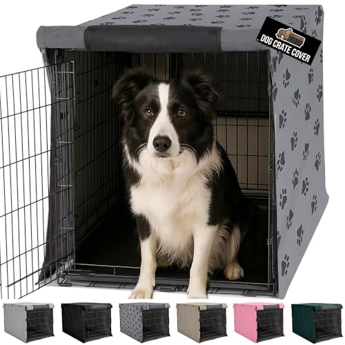 GORILLA GRIP Dog Crate Covers compatible with Amazon Basics Dog Crates All Sides Open Privacy Cover Fits 36 Wire Kennel Breathable Mesh Windows Light Reducing Puppy Training Cage Topper Gray Paw - Image 1