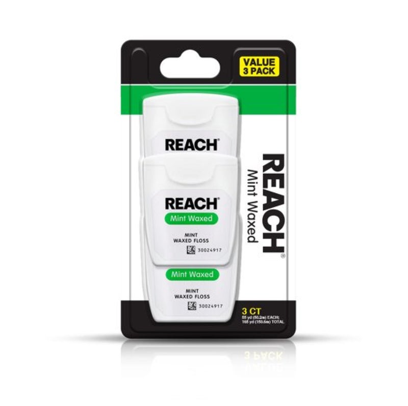 REACH Waxed Dental Floss, Mint, Plaque Remover for Teeth, Shred Resistant, Floss Slides Smoothly, Easy to Use, Waxed, Deep Cleaning Teeth, Oral Care, PFAS Free, for Adults & Kids, 3 Pack, 55 yd - Image 1