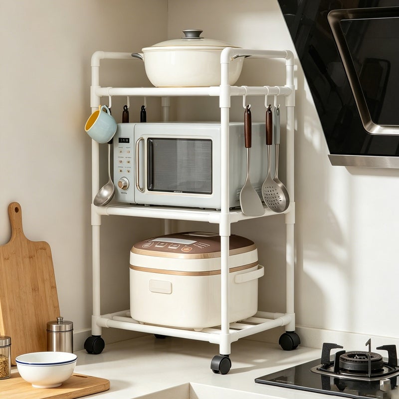 Multi-tier Kitchen Storage Rack – Microwave and Oven Rack with Hooks, Suitable for Various Kitchen Supplies and Spice Racks, Mobile Storage Organizer with Wheels, Standing Shelf - Image 1