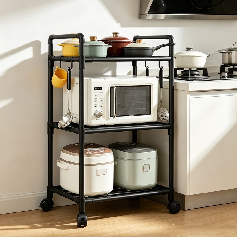 Multi-tier Kitchen Storage Rack – Microwave and Oven Rack with Hooks, Suitable for Various Kitchen Supplies and Spice Racks, Mobile Storage Organizer with Wheels, Standing Shelf - Image 2