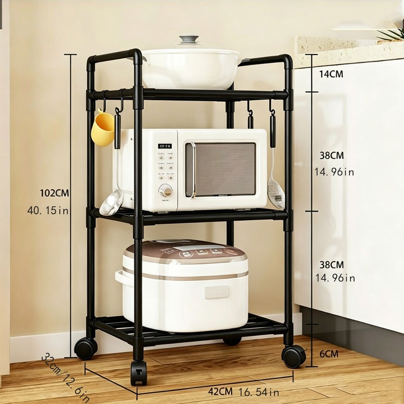 Multi-tier Kitchen Storage Rack – Microwave and Oven Rack with Hooks, Suitable for Various Kitchen Supplies and Spice Racks, Mobile Storage Organizer with Wheels, Standing Shelf - Image 3
