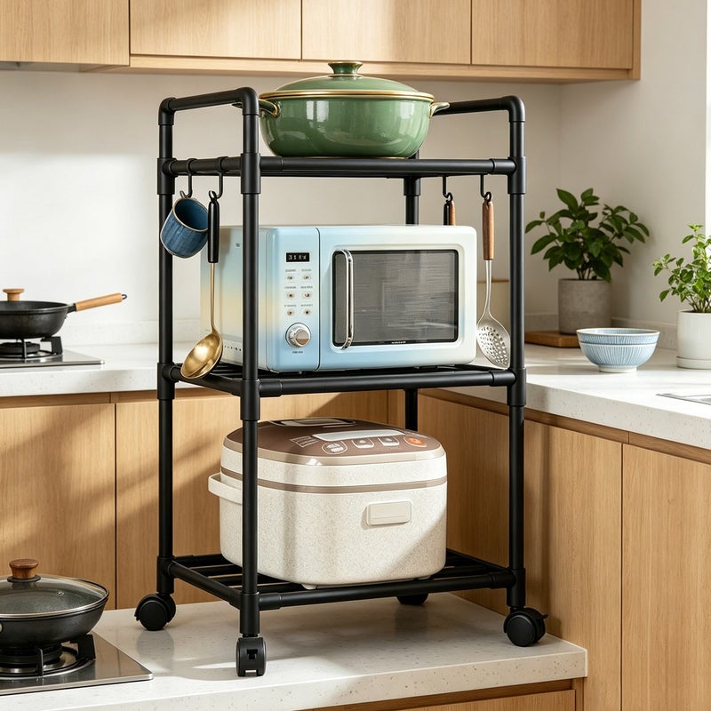 Multi-tier Kitchen Storage Rack – Microwave and Oven Rack with Hooks, Suitable for Various Kitchen Supplies and Spice Racks, Mobile Storage Organizer with Wheels, Standing Shelf - Image 4