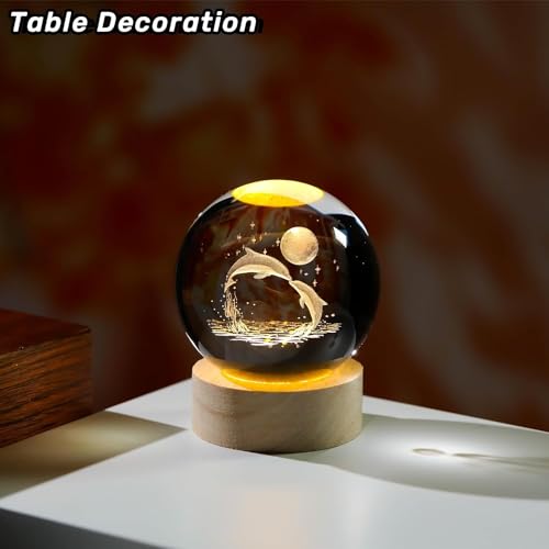 CPENSUS 3D Galaxy Crystal Ball Night Lamp,Solar System, USB Table Colorful LED Wooden Crystal Ball for Home Decoration Birthday Gift for Teens Boys and Girls (Dolphin with Moon) - Image 3