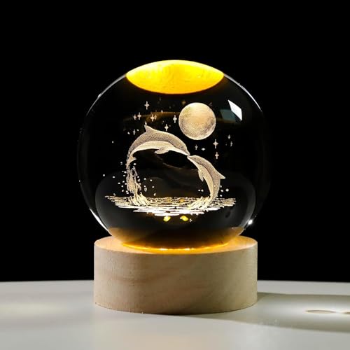 CPENSUS 3D Galaxy Crystal Ball Night Lamp,Solar System, USB Table Colorful LED Wooden Crystal Ball for Home Decoration Birthday Gift for Teens Boys and Girls (Dolphin with Moon) - Image 1