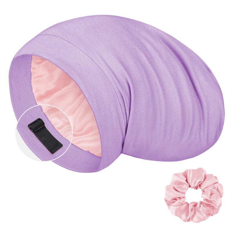 LULUSILK Mulberry Silk Bonnet for Sleeping Women Real Silk Sleep Cap for Curly Hair and Braids Pure Head Wrap with Scrunchies Lavender