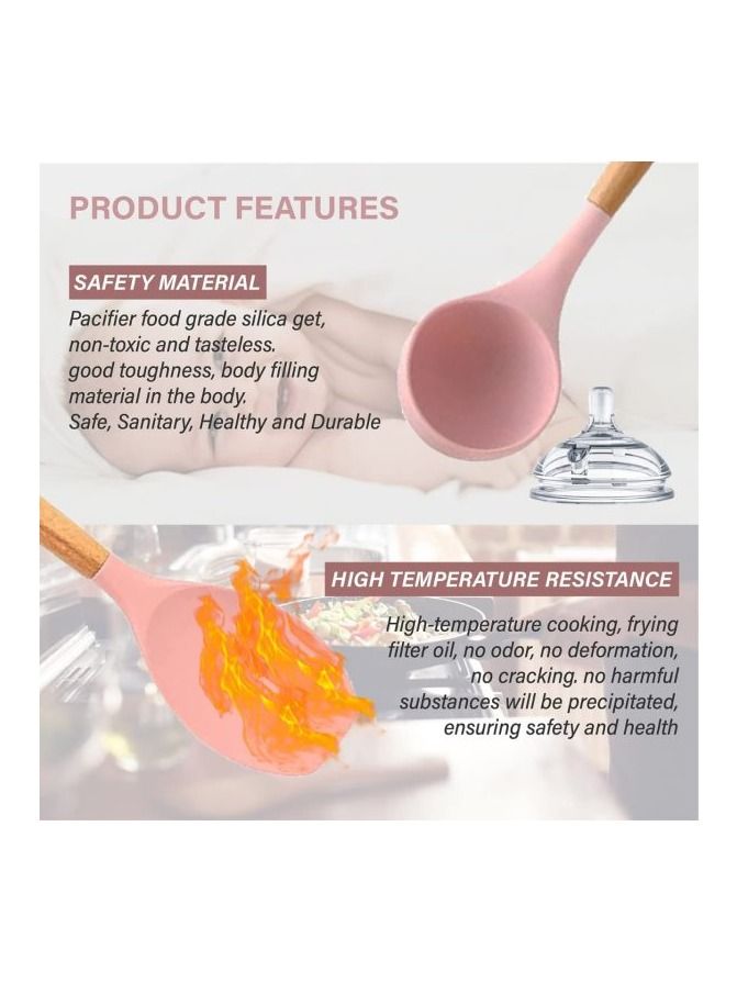 vsell24 11 Pcs Silicone Nonstick Utensils with Bamboo Wood Handle kitchen utensils Cooking Spatula Set, Non Toxic Turner Tongs Spatula Spoon Set Pink - Image 4