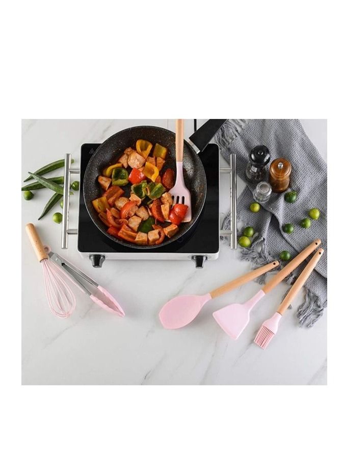 vsell24 11 Pcs Silicone Nonstick Utensils with Bamboo Wood Handle kitchen utensils Cooking Spatula Set, Non Toxic Turner Tongs Spatula Spoon Set Pink - Image 3