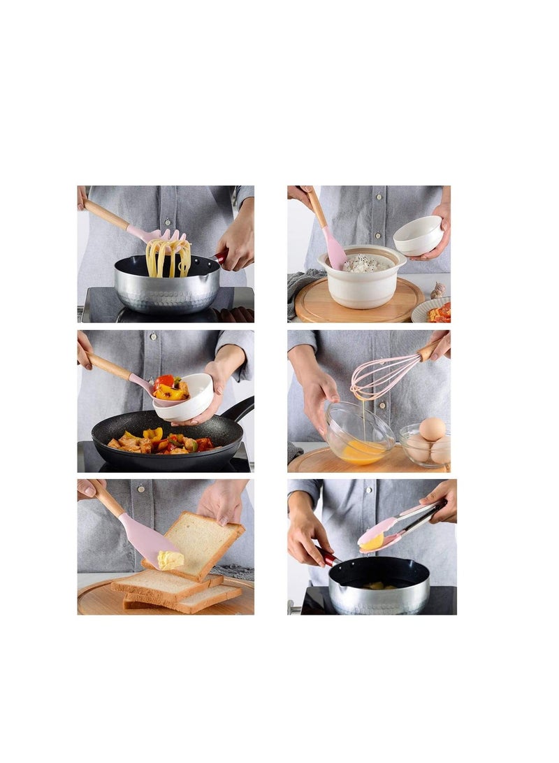 vsell24 11 Pcs Silicone Nonstick Utensils with Bamboo Wood Handle kitchen utensils Cooking Spatula Set, Non Toxic Turner Tongs Spatula Spoon Set Pink - Image 5