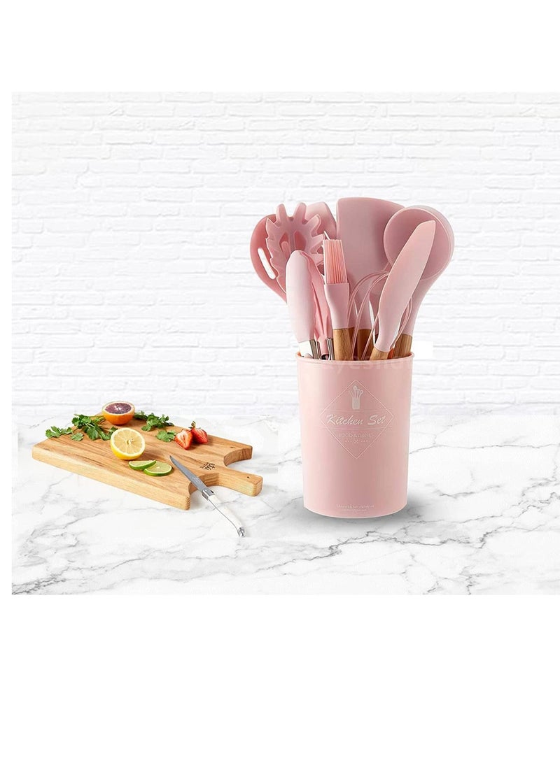 vsell24 11 Pcs Silicone Nonstick Utensils with Bamboo Wood Handle kitchen utensils Cooking Spatula Set, Non Toxic Turner Tongs Spatula Spoon Set Pink - Image 2