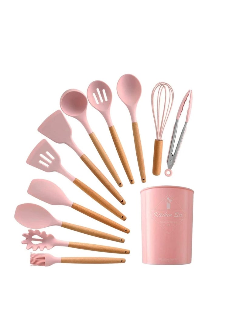 vsell24 11 Pcs Silicone Nonstick Utensils with Bamboo Wood Handle kitchen utensils Cooking Spatula Set, Non Toxic Turner Tongs Spatula Spoon Set Pink - Image 1