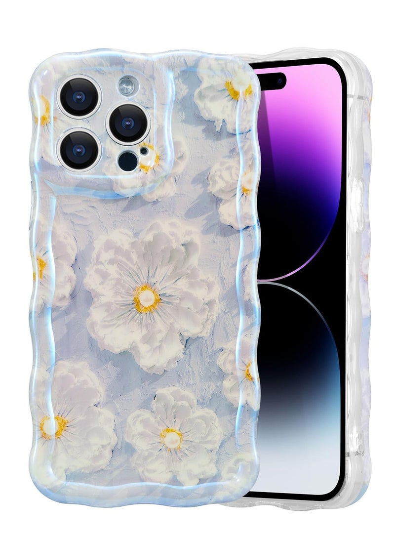 Case for iPhone 12 Pro, Colorful Retro Oil Painting Flower Laser Glossy Pattern Cute Curly Waves Border Exquisite Floral Phone Cover Stylish Durable TPU Protective Case for Girls Women-Blue - Image 1