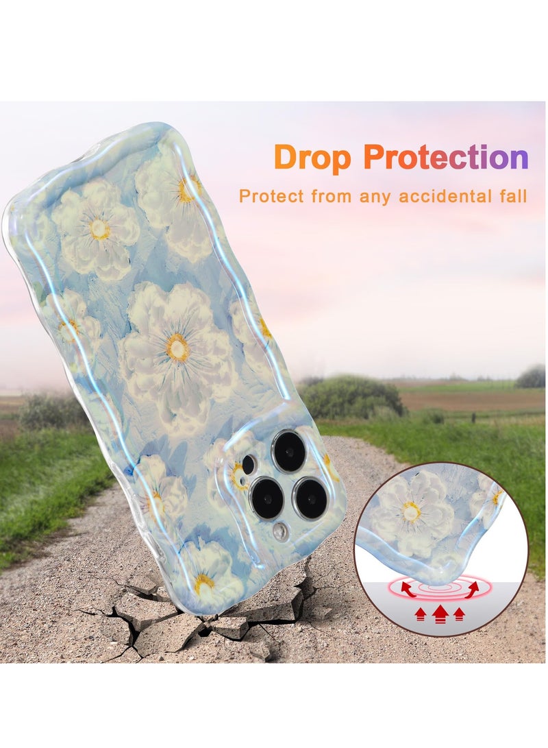 Case for iPhone 12 Pro, Colorful Retro Oil Painting Flower Laser Glossy Pattern Cute Curly Waves Border Exquisite Floral Phone Cover Stylish Durable TPU Protective Case for Girls Women-Blue - Image 2