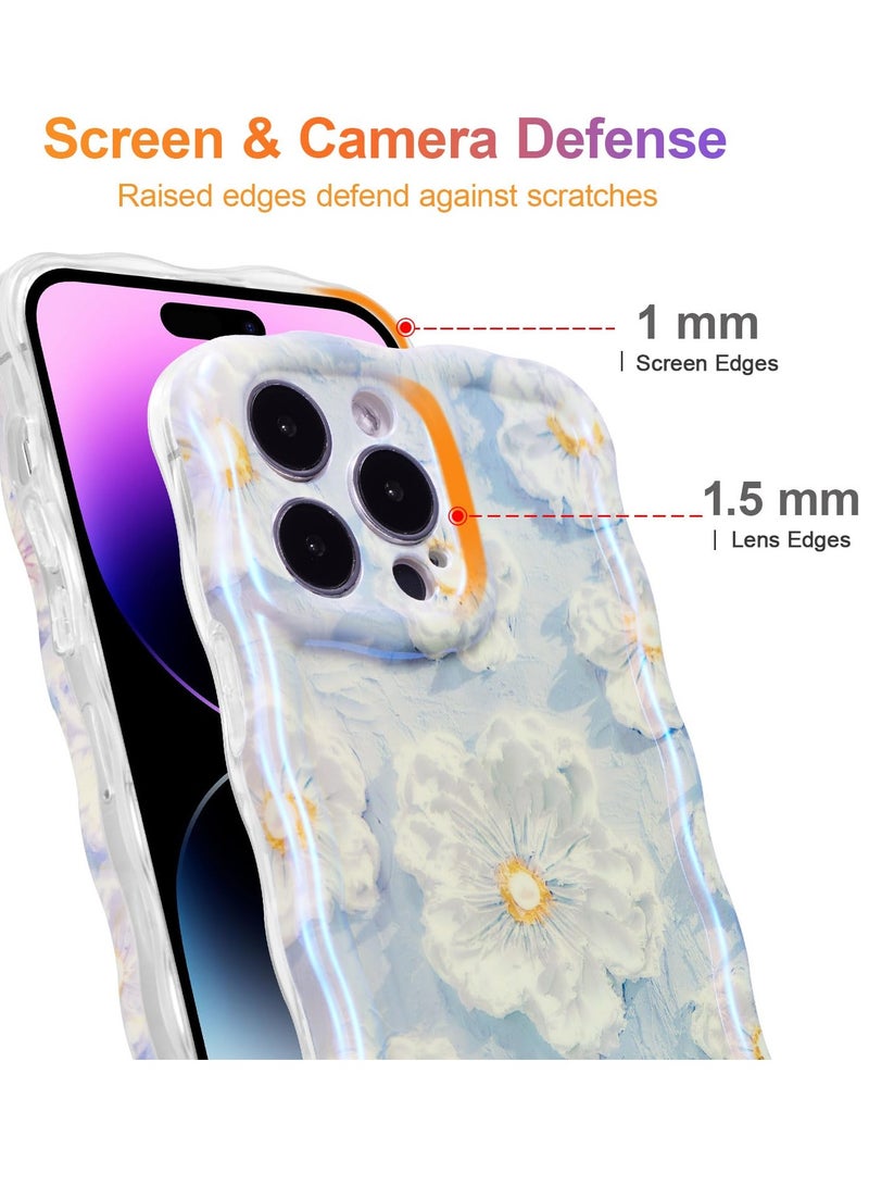Case for iPhone 12 Pro, Colorful Retro Oil Painting Flower Laser Glossy Pattern Cute Curly Waves Border Exquisite Floral Phone Cover Stylish Durable TPU Protective Case for Girls Women-Blue - Image 3
