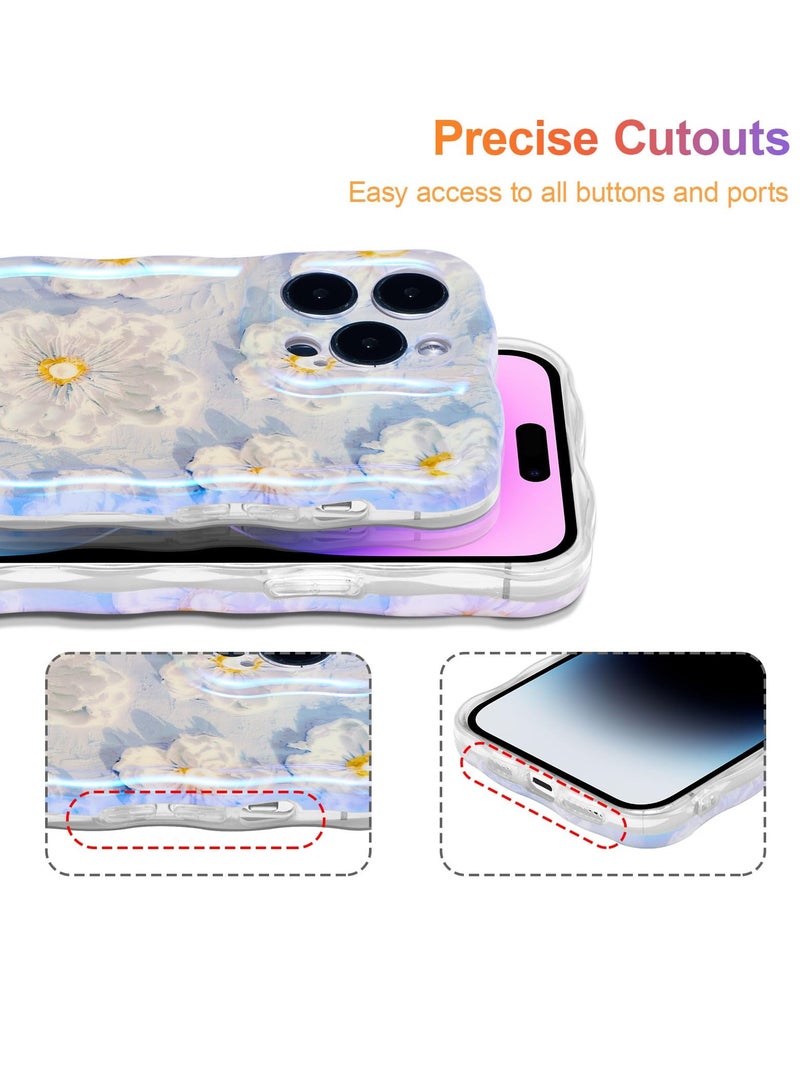 Case for iPhone 12 Pro, Colorful Retro Oil Painting Flower Laser Glossy Pattern Cute Curly Waves Border Exquisite Floral Phone Cover Stylish Durable TPU Protective Case for Girls Women-Blue - Image 4