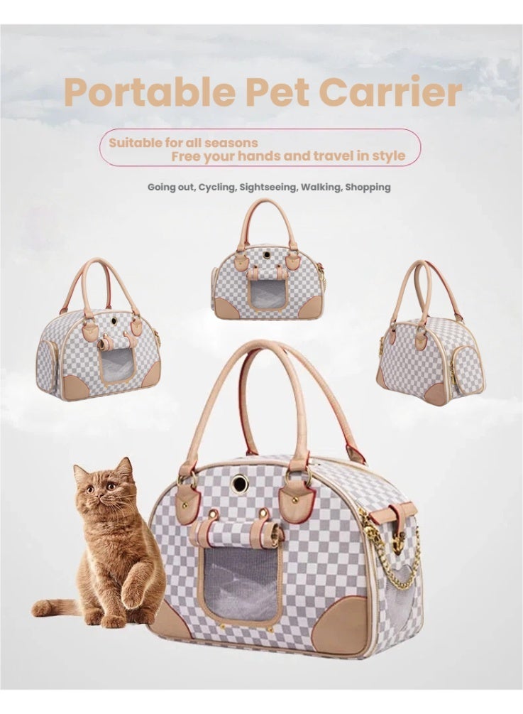 حقيبة نقل حيوانات أليفة أنيقة، حقيبة نقل قطط على متن الطائرة، حقيبة نقل كلاب، حقيبة نقل حيوانات أليفة قابلة للطي، حقيبة نقل قطط ناعمة الجوانب مع شبكة قابلة للتنفس، حقيبة كتف أنيقة من جلد البولي يوريثان للقطط (بيضاء) - Image 1