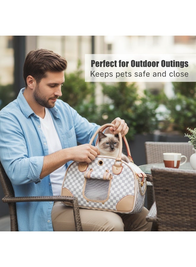 حقيبة نقل حيوانات أليفة أنيقة، حقيبة نقل قطط على متن الطائرة، حقيبة نقل كلاب، حقيبة نقل حيوانات أليفة قابلة للطي، حقيبة نقل قطط ناعمة الجوانب مع شبكة قابلة للتنفس، حقيبة كتف أنيقة من جلد البولي يوريثان للقطط (بيضاء) - Image 4