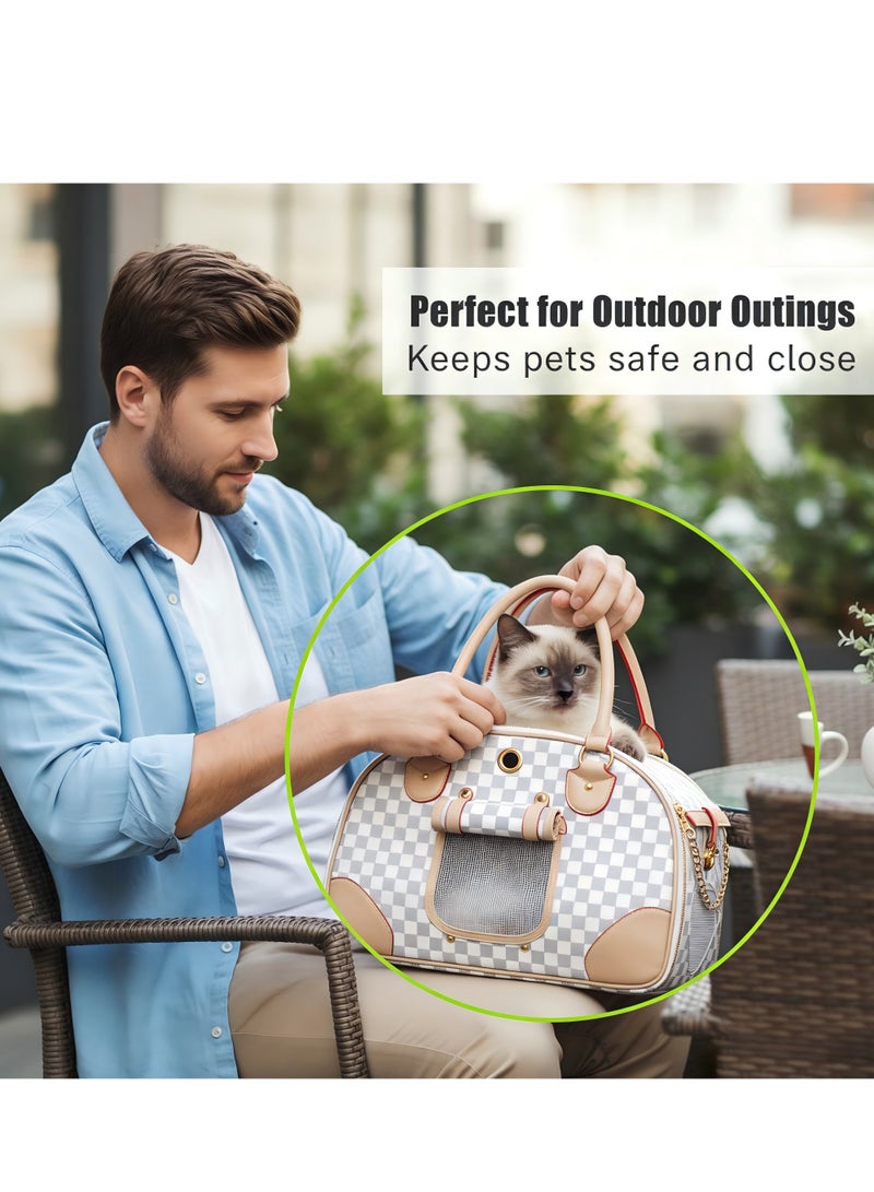 حقيبة نقل فاخرة للحيوانات الأليفة، حقيبة نقل للقطط مصنوعة من جلد طبيعي معتمدة من قبل شركات الطيران، قفص سفر فاخر للكلاب، حقيبة سفر قابلة للطي للحيوانات الأليفة مزودة بنافذة شبكية تسمح بمرور الهواء، حقيبة نقل أنيقة للقطط مصنوعة من جلد البولي يوريثان (لونين أبيض/رمادي) - Image 4
