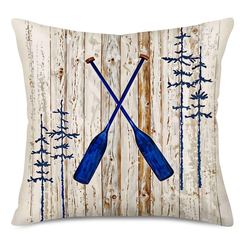Fukeen Boat Paddle Throw Pillow Covers Cotton Linen Retro Wood Grain with Pine Trees Decorative Pillow Cases Adventure Theme Home Outdoor Decor Standard 18x18 Inch Cushion Cover