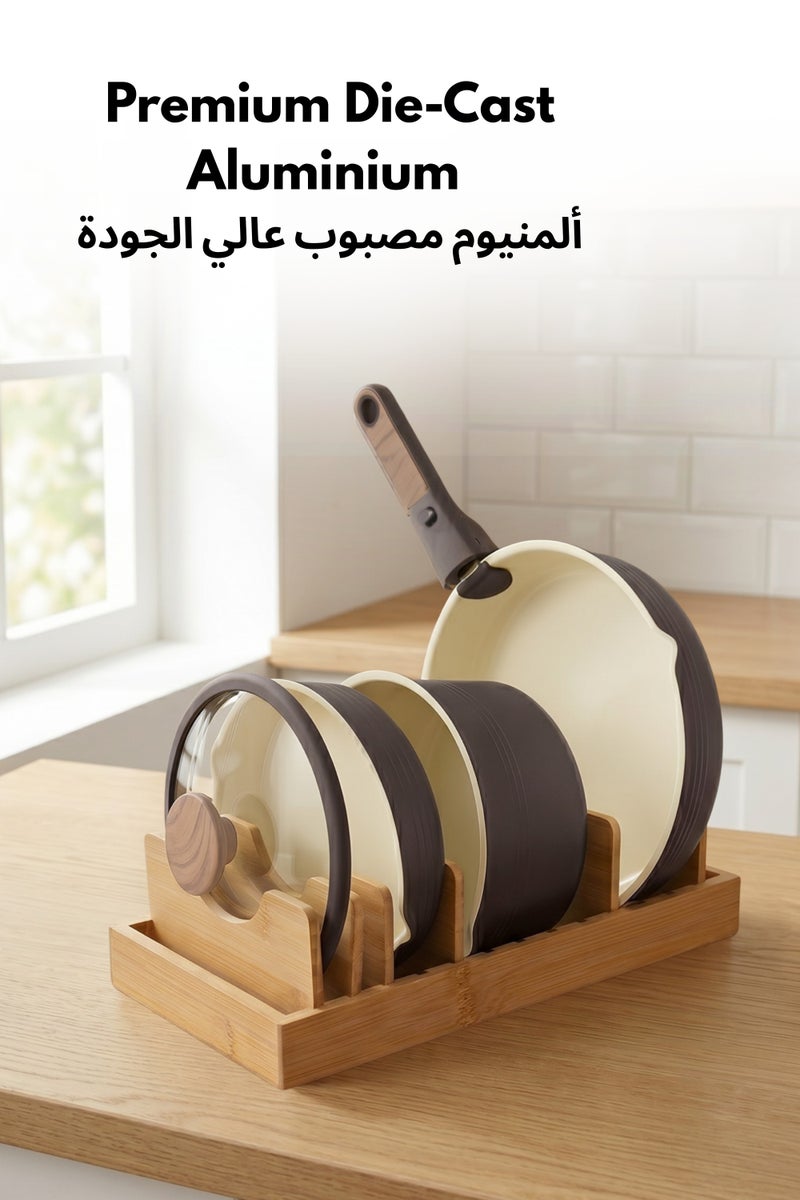 كاروت طقم أواني كاروت 10 قطع سيراميك غير لاصق بمقابض قابلة للفصل، خالٍ من PFAS لطهي صحي، تصميم قابل للتكديس مع فتحات صب، متوافق مع جميع المواقد وآمن لغسالة الصحون (شوكولاتة) - Image 5