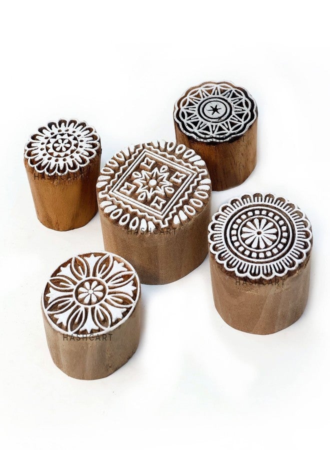 Hashcart | Set of 5 | Handcarved Wood Floral Design Round Printing Stamps for Scrapbooking Fabric Textile Paper Clay Pottery Saree Border - Image 1