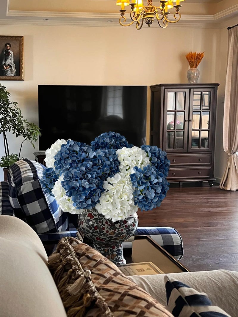 ZYTUYO 5 Pcs Dark Blue Silk Hydrangeas Artificial Flower Boho Dried Touch 20'' Faux Hydrangeas for Fall Indoor Home Decor Kitchen Living Room Outdoor Porch Wedding Flower Arrangement - Image 3