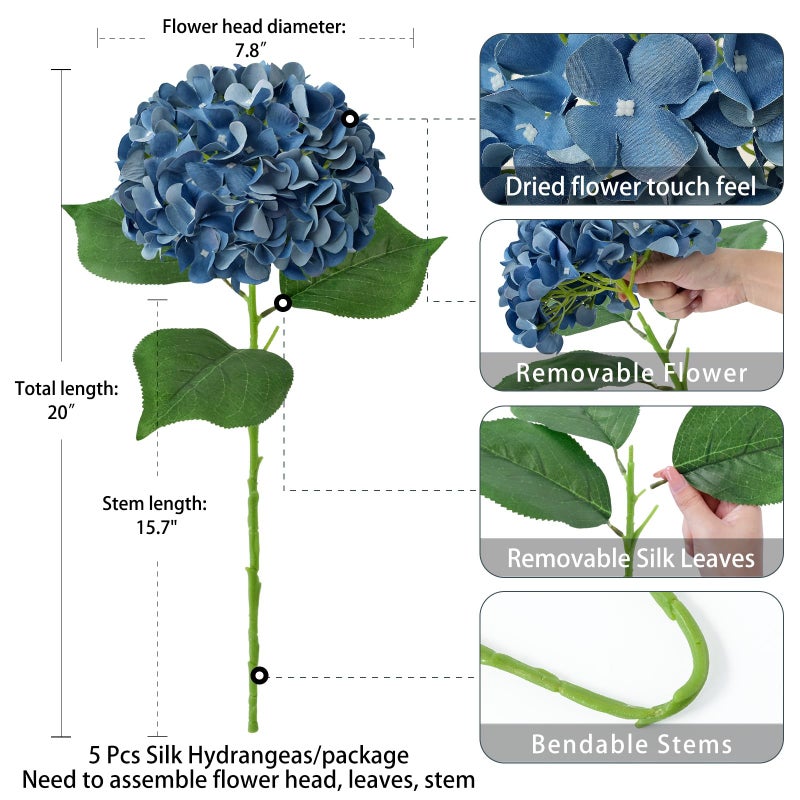 ZYTUYO 5 Pcs Dark Blue Silk Hydrangeas Artificial Flower Boho Dried Touch 20'' Faux Hydrangeas for Fall Indoor Home Decor Kitchen Living Room Outdoor Porch Wedding Flower Arrangement - Image 4