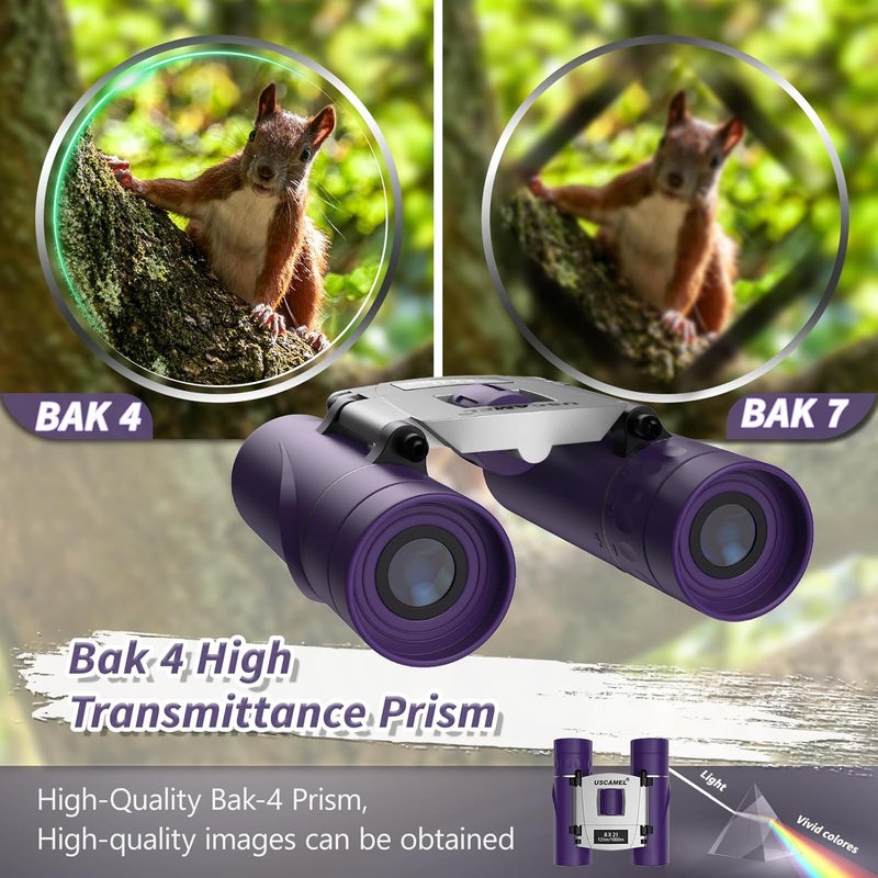 USCAMEL 8×21 Binoculars for Children and Adults, Compact, Waterproof, for Bird Watching and Hunting (Purple) - Image 3