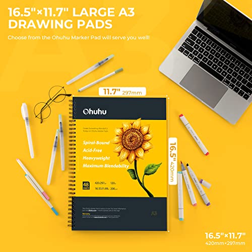 Ohuhu أوههوه ماركر بادز آرت سكتشبوك، 16.5"x11.7" XL A3 حجم ورق كبير، 120 رطل/200 جرام للمتر المربع ورق رسم ثقيل ناعم، 48 ورقة/96 صفحة، سكتش بوك حلقي للماركرز الكحولي هدية عيد الميلاد - Image 2